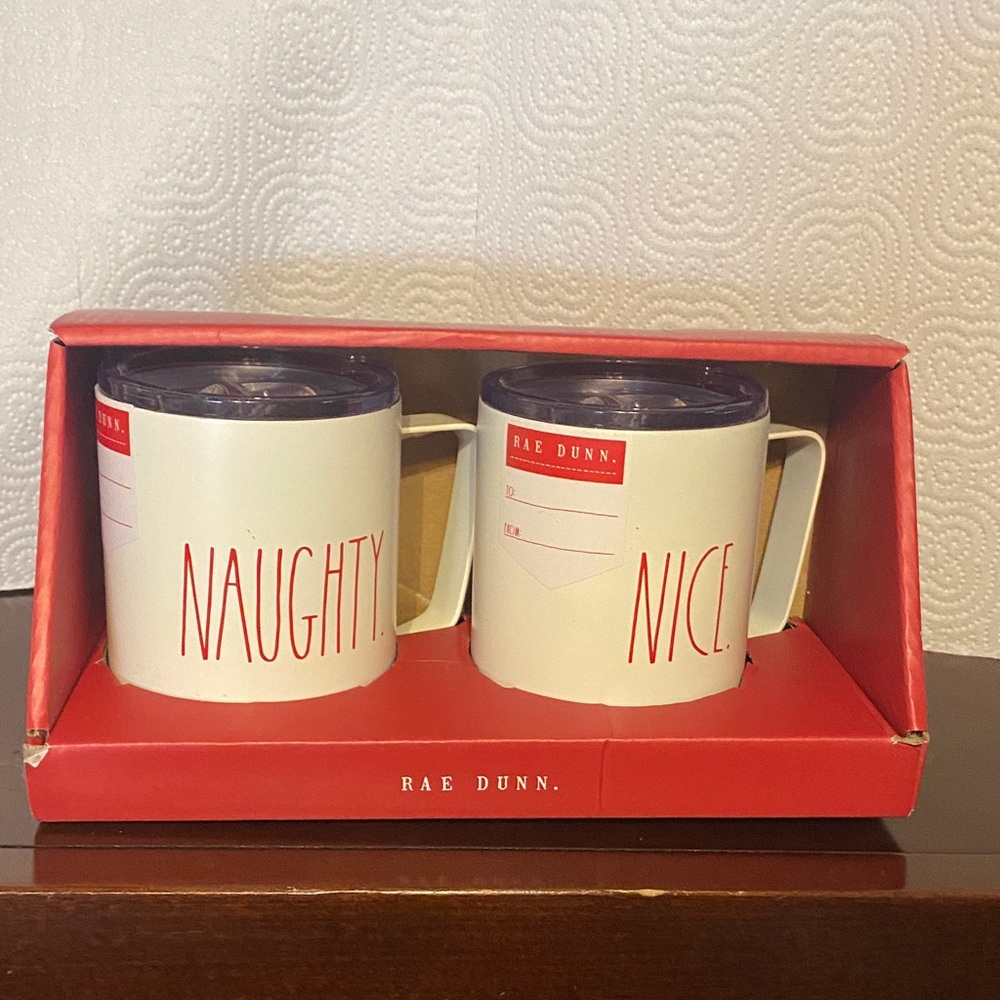 Rae Dunn Naughty and Nice Mug Set - Cream and Red